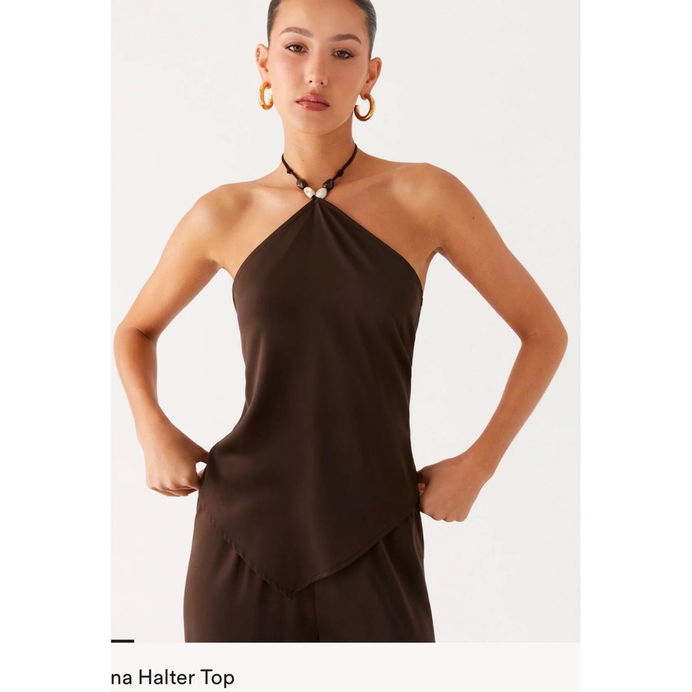 Peppermayo Julissa Halter Top Chocolate Brown Satin Open Back US 2 NWT